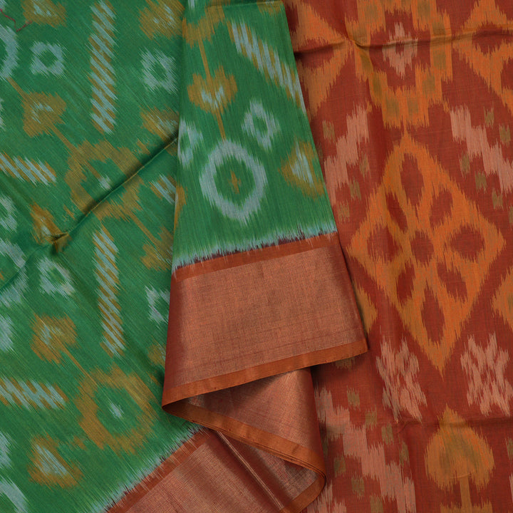 Hayagrivas Green Ikkat Silk Cotton Saree with Burnt Orange border KBD1775A1-23