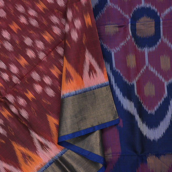 Hayagrivas Handloom Wine Maroon Ikkat Kora Silk Cotton Saree with Deep Royal Blue Border KBD1775A1-44