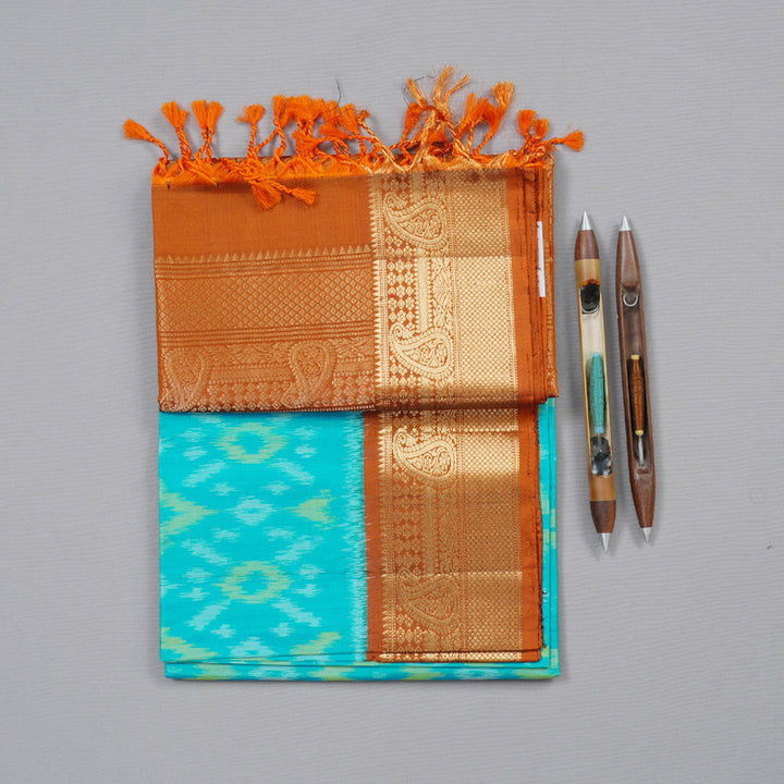 Hayagrivas Sea Blue Ikkat Handloom Soft Silk Saree with Burnt Orange Border KBD1775A6-4