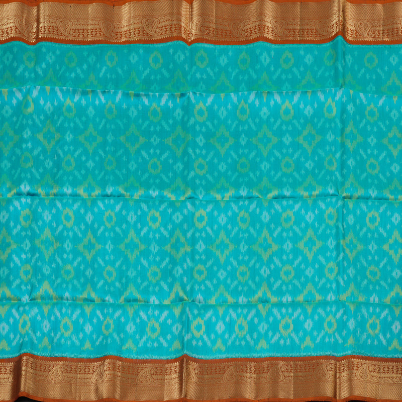 Hayagrivas Sea Blue Ikkat Handloom Soft Silk Saree with Burnt Orange Border KBD1775A6-4