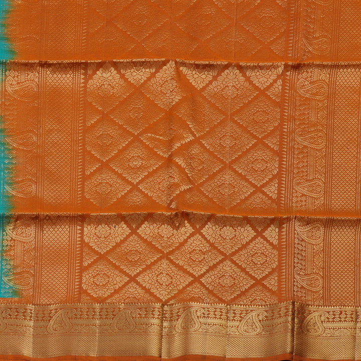 Hayagrivas Sea Blue Ikkat Handloom Soft Silk Saree with Burnt Orange Border KBD1775A6-4