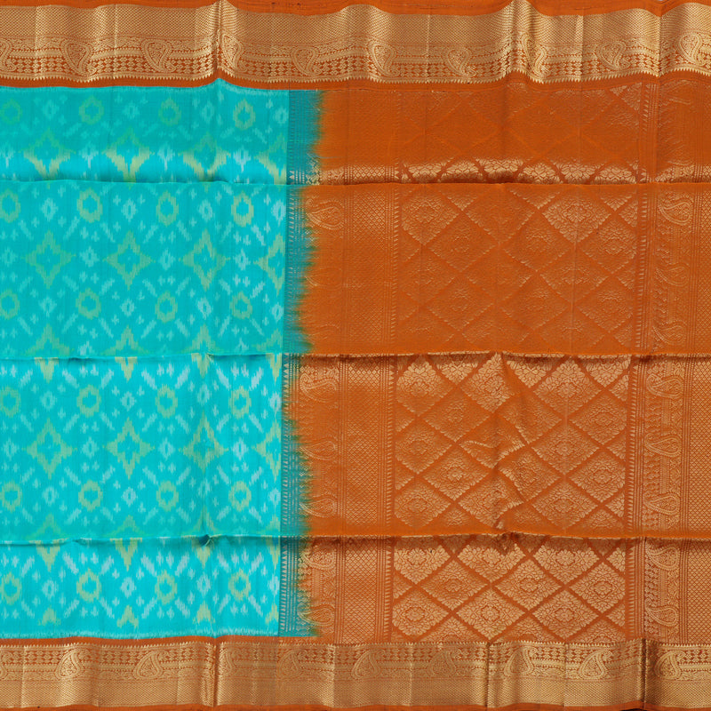 Hayagrivas Sea Blue Ikkat Handloom Soft Silk Saree with Burnt Orange Border KBD1775A6-4