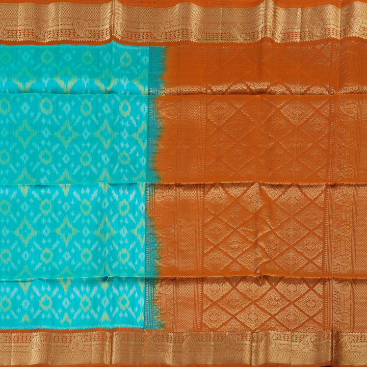 Hayagrivas Sea Blue Ikkat Handloom Soft Silk Saree with Burnt Orange Border KBD1775A6-4