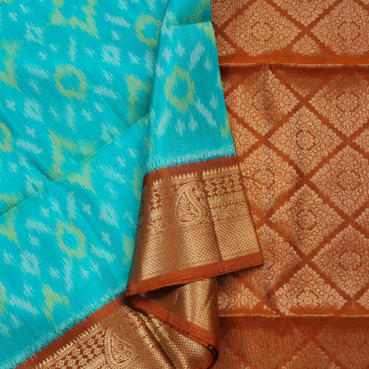 Hayagrivas Sea Blue Ikkat Handloom Soft Silk Saree with Burnt Orange Border KBD1775A6-4