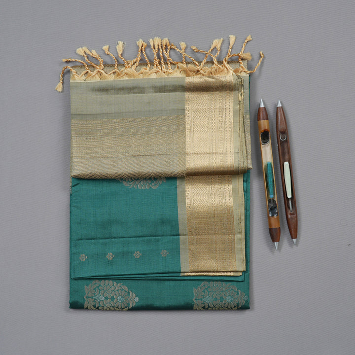 Hayagrivas Emerald Blue Handloom Soft Silk Saree with Dark Beige Border KBD1775A9-2