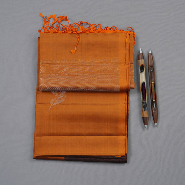 Hayagrivas Dark Brown Handloom Soft Silk Saree with Burnt Orange Border KBD1776A10-1