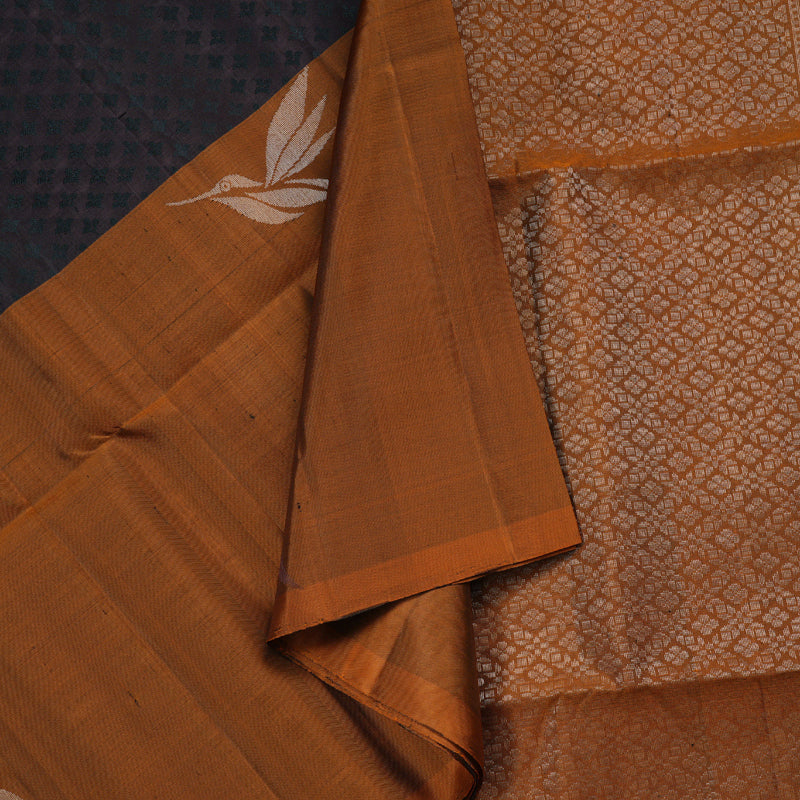Hayagrivas Dark Brown Handloom Soft Silk Saree with Burnt Orange Border KBD1776A10-1
