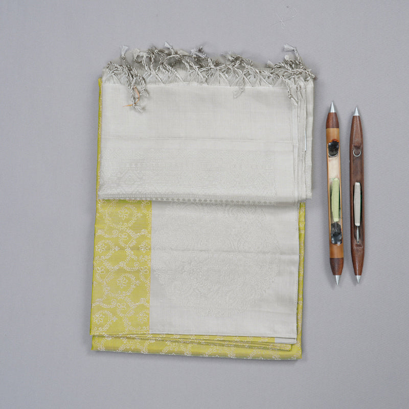 Hayagrivas Mild Parrot green Handloom Soft Silk Saree with Silver Grey Border KBD1776A6-1