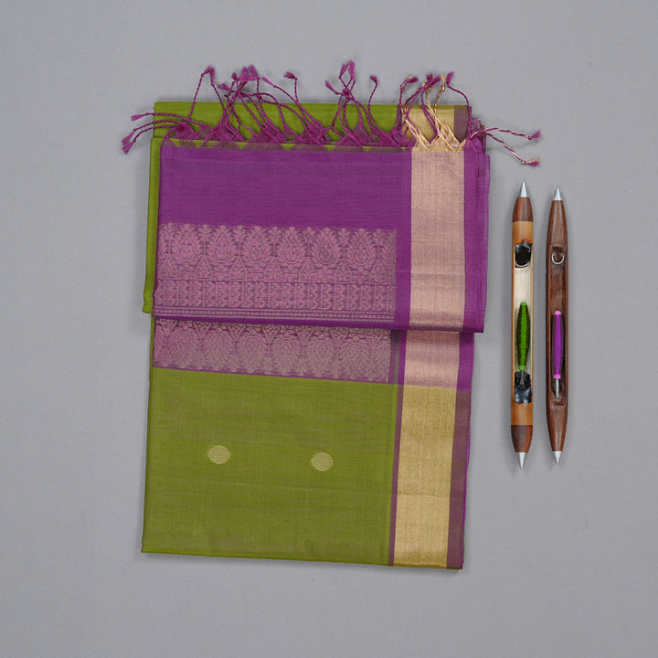 Hayagrivas Handloom Kora Silk Cotton Saree in Vivid Olive Green KBD1779A2-37