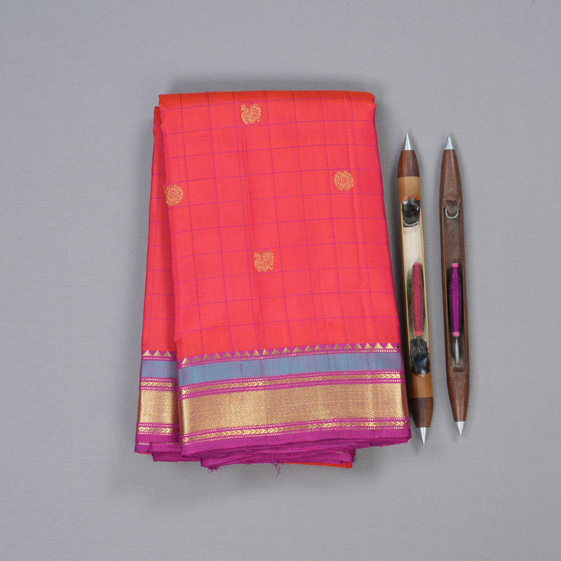 Hayagrivas Orangish Pink Handloom Kanjivaram Silk Saree with Purple Border KBD1790A2-1