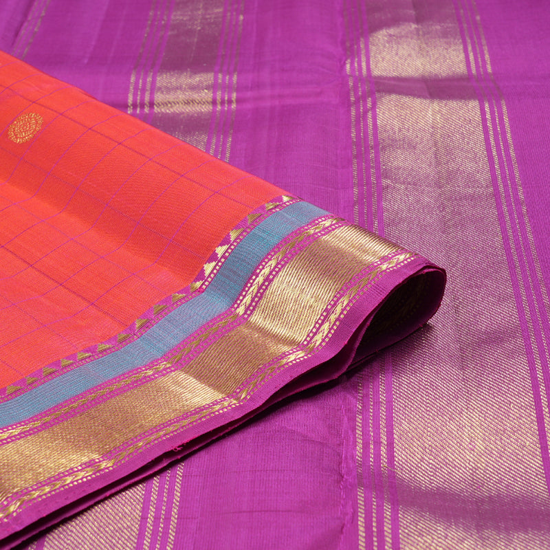 Hayagrivas Orangish Pink Handloom Kanjivaram Silk Saree with Purple Border KBD1790A2-1