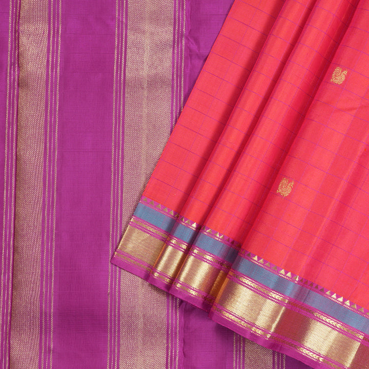 Hayagrivas Orangish Pink Handloom Kanjivaram Silk Saree with Purple Border KBD1790A2-1