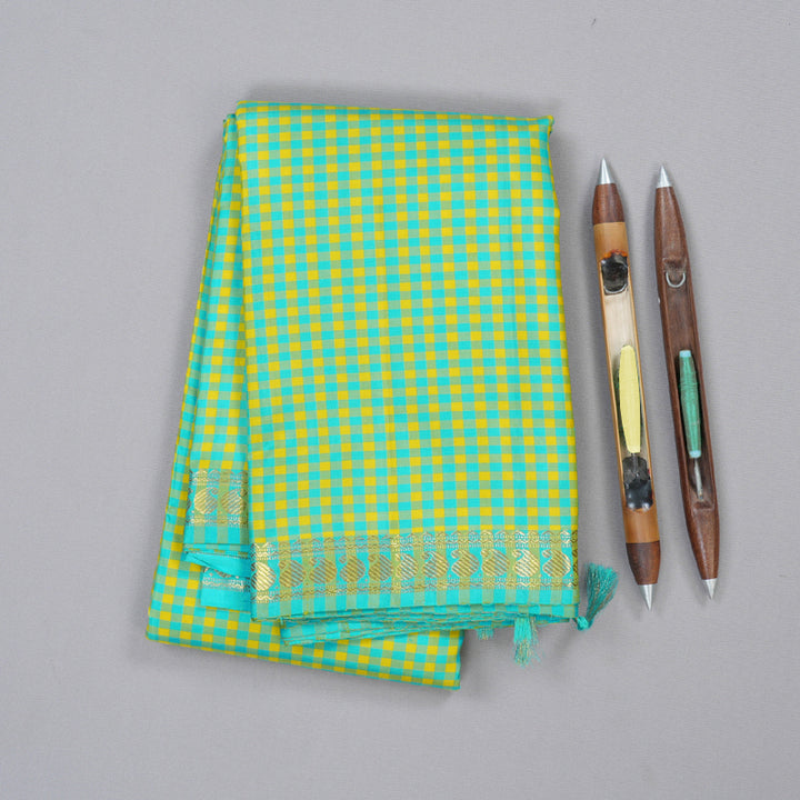 Hayagrivas Sea Blue With Yellow Checks Handloom Kanjivaram Silk Saree KBD1790A3-1