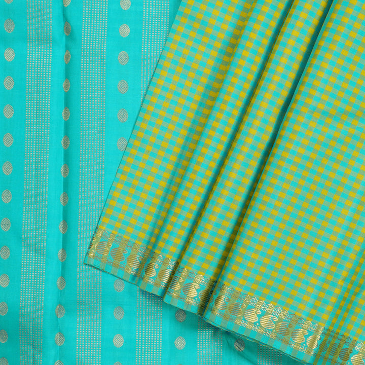 Hayagrivas Sea Blue With Yellow Checks Handloom Kanjivaram Silk Saree KBD1790A3-1