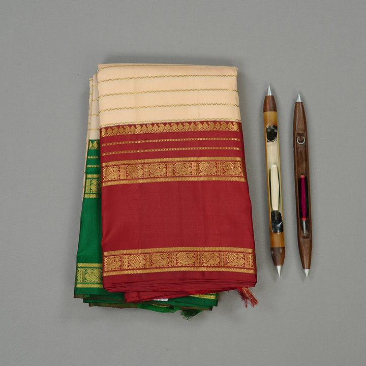 Hayagrivas Sandal Handloom Kanjivaram Silk Saree with Ganga Jamuna (Green And Maroon) Border KBD1791A1-1