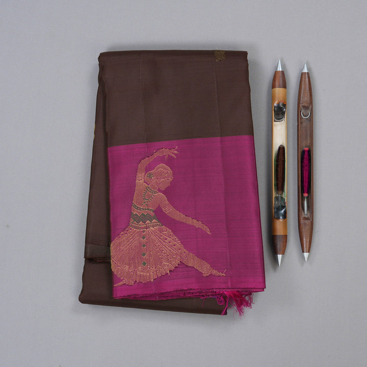 Hayagrivas Dark Brown Handloom Kanjivaram Silk Saree with Purple Border KBD1793A1-2