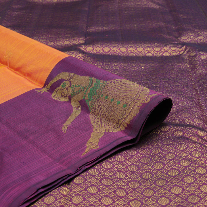 Hayagrivas Dual Tone (Yellow With Pink) Handloom Kanjivaram Silk Saree with Dark Purple Border KBD1796A3-2