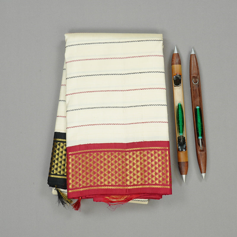 Hayagrivas White Handloom Kanjivaram Silk Saree with Ganga Jamuna (Black And Maroon) Border KBD1798B10-2