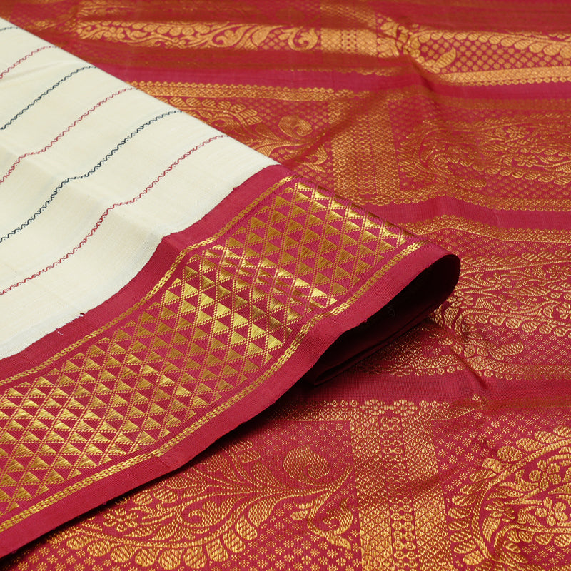 Hayagrivas White Handloom Kanjivaram Silk Saree with Ganga Jamuna (Black And Maroon) Border KBD1798B10-2