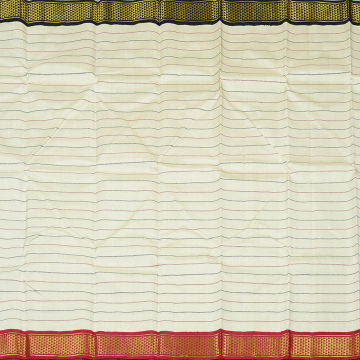 Hayagrivas White Handloom Kanjivaram Silk Saree with Ganga Jamuna (Black And Maroon) Border KBD1798B10-2