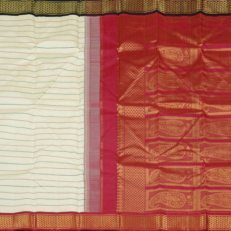 Hayagrivas White Handloom Kanjivaram Silk Saree with Ganga Jamuna (Black And Maroon) Border KBD1798B10-2