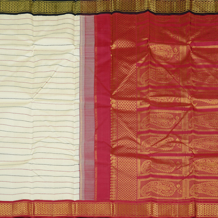 Hayagrivas White Handloom Kanjivaram Silk Saree with Ganga Jamuna (Black And Maroon) Border KBD1798B10-2