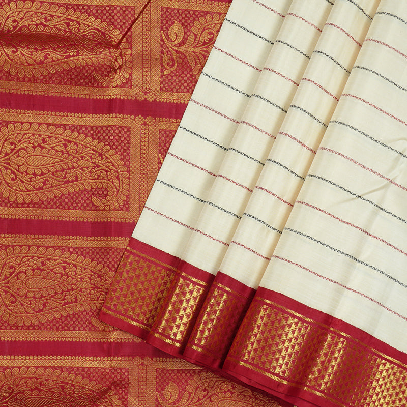 Hayagrivas White Handloom Kanjivaram Silk Saree with Ganga Jamuna (Black And Maroon) Border KBD1798B10-2
