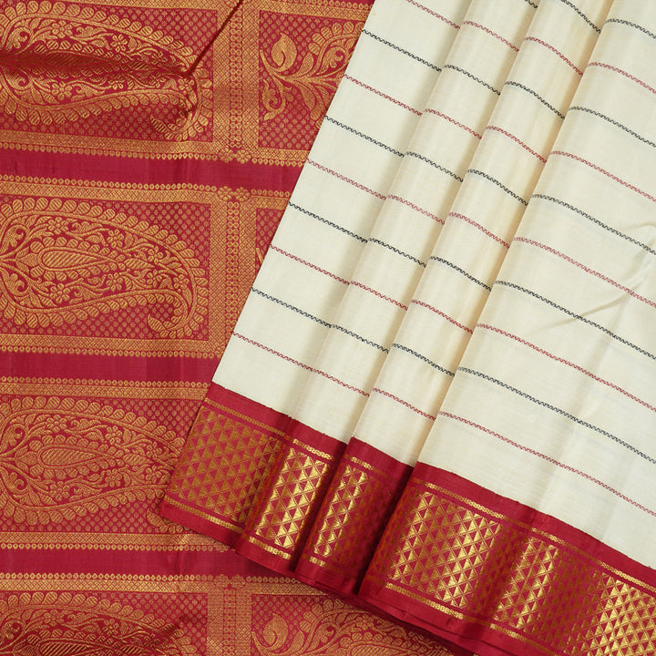 Hayagrivas White Handloom Kanjivaram Silk Saree with Ganga Jamuna (Black And Maroon) Border KBD1798B10-2