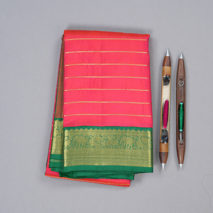 Hayagrivas Orangish Pink Handloom Kanjivaram Silk Saree with Bottle Green Border with KBD1799B3-1