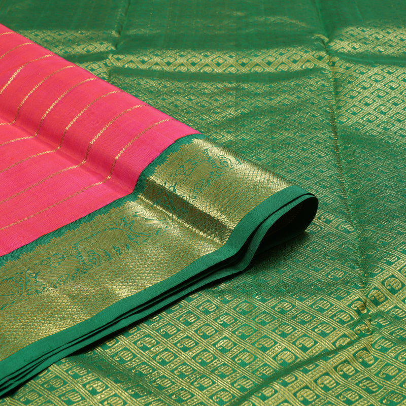 Hayagrivas Orangish Pink Handloom Kanjivaram Silk Saree with Bottle Green Border with KBD1799B3-1