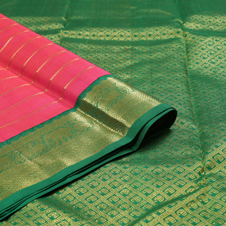 Hayagrivas Orangish Pink Handloom Kanjivaram Silk Saree with Bottle Green Border with KBD1799B3-1