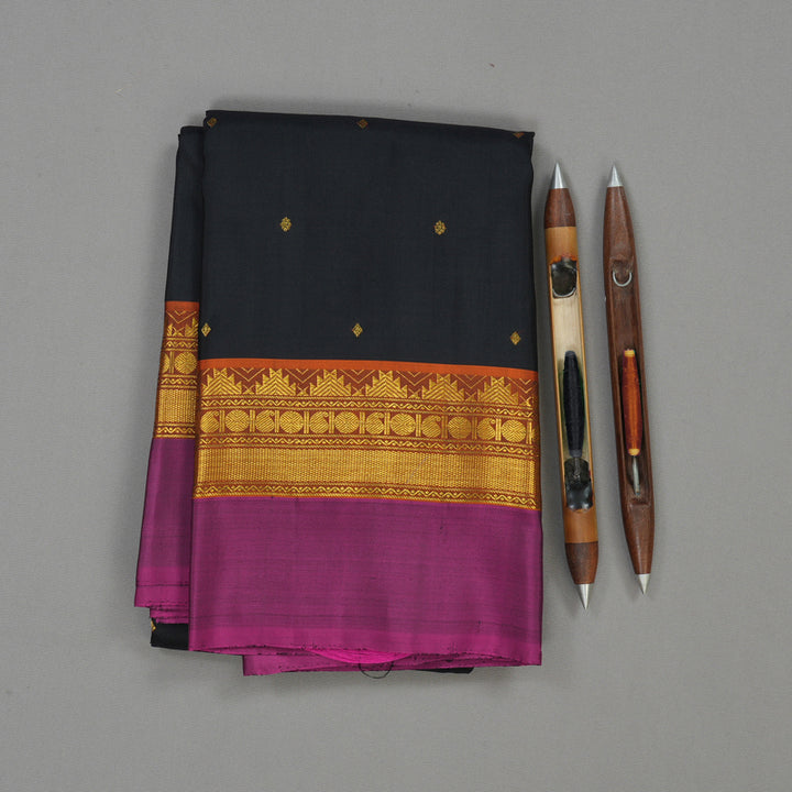 Hayagrivas Handloom Black Kanjivaram Silk Saree with Magenta Border KBD1800B2-1