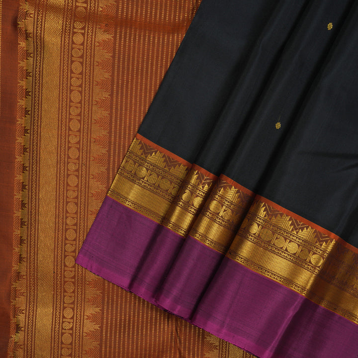 Hayagrivas Handloom Black Kanjivaram Silk Saree with Magenta Border KBD1800B2-1