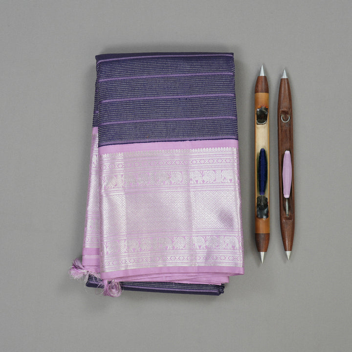 Hayagrivas Handloom Midnight Blue Kanjivaram Silk Saree with Lavendar Border KBD1802B1-1
