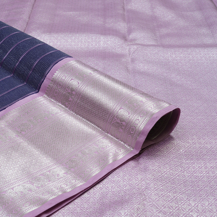 Hayagrivas Handloom Midnight Blue Kanjivaram Silk Saree with Lavendar Border KBD1802B1-1