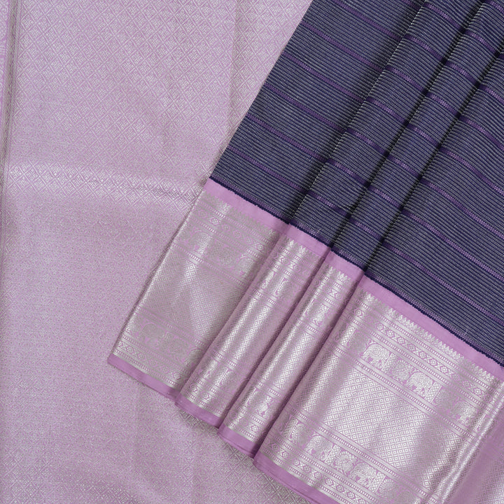 Hayagrivas Handloom Midnight Blue Kanjivaram Silk Saree with Lavendar Border KBD1802B1-1