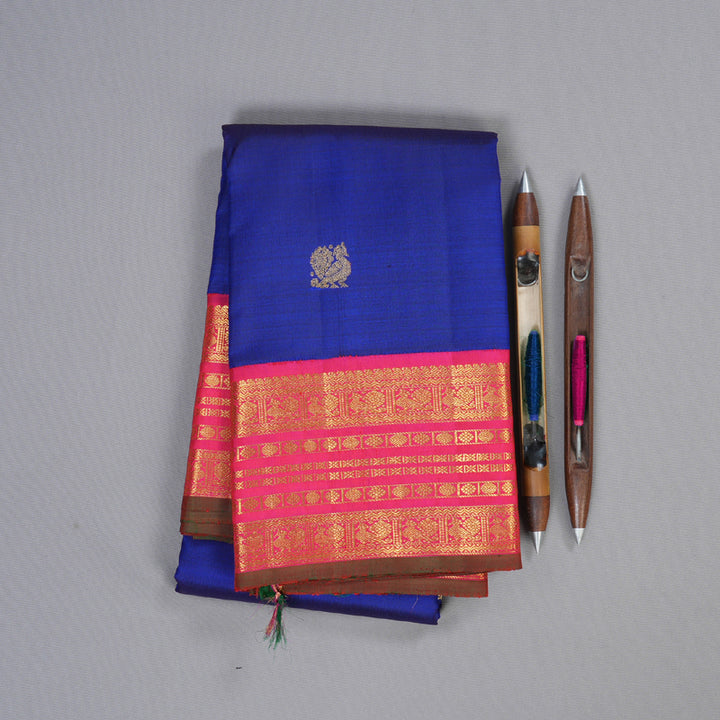 Hayagrivas Blue Handloom Kanjivaram Silk Saree with Orangish Pink Border KBD1803B2-1