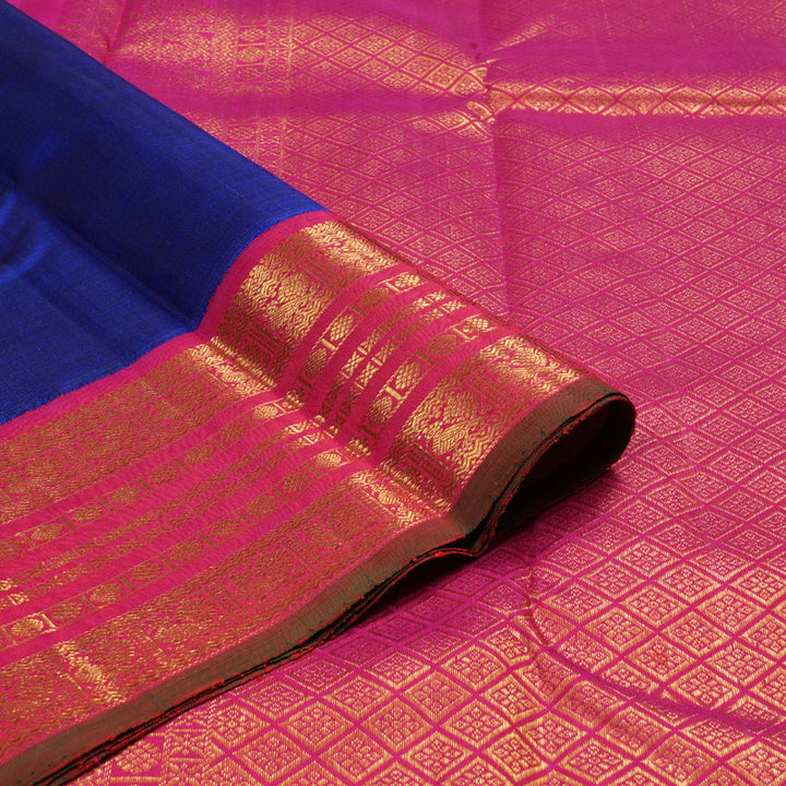 Hayagrivas Blue Handloom Kanjivaram Silk Saree with Orangish Pink Border KBD1803B2-1