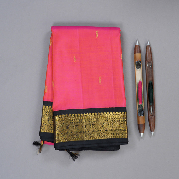 Hayagrivas Orangish Pink Handloom Kanjivaram Silk Saree with Black Border KBD1807B3-3