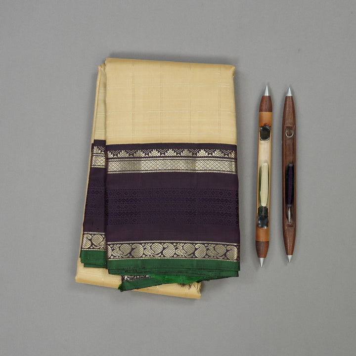 Hayagrivas Handloom Sandal Beige Kanjivaram Silk Saree with Midnight Blue Border KBD1808B10-1