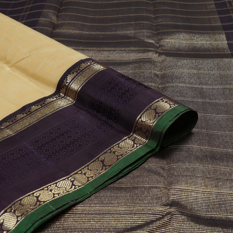 Hayagrivas Handloom Sandal Beige Kanjivaram Silk Saree with Midnight Blue Border KBD1808B10-1
