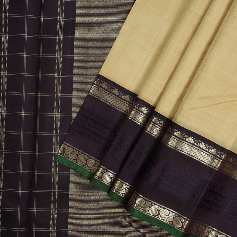 Hayagrivas Handloom Sandal Beige Kanjivaram Silk Saree with Midnight Blue Border KBD1808B10-1