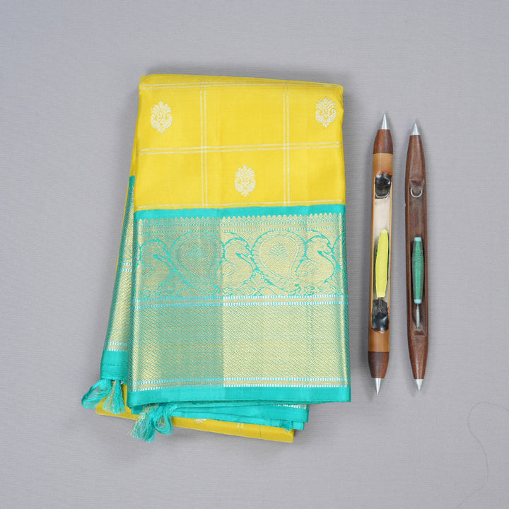 Hayagrivas Yellow Handloom Kanjivaram Silk Saree with Sea Blue Border with KBD1808B17-1