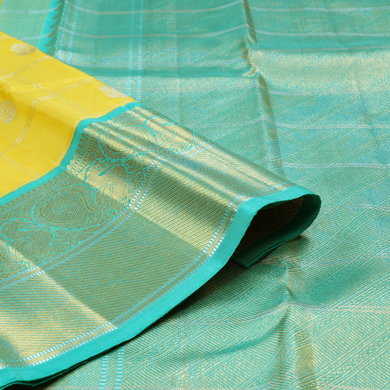 Hayagrivas Yellow Handloom Kanjivaram Silk Saree with Sea Blue Border with KBD1808B17-1