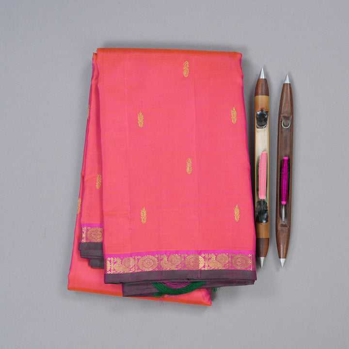 Hayagrivas Orangish Pink Handloom Kanjivaram Silk Saree with Pink Border KBD1808B20-1