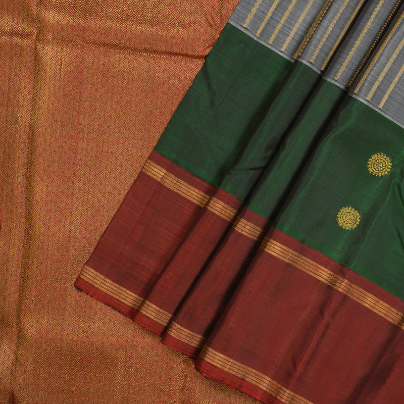 Hayagrivas Handloom Royal Grey Kanjivaram Silk Saree with Bottle Green & Maroon Border KBD1808B8-1