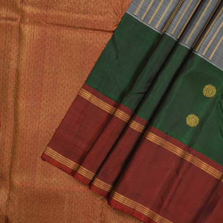 Hayagrivas Handloom Royal Grey Kanjivaram Silk Saree with Bottle Green & Maroon Border KBD1808B8-1