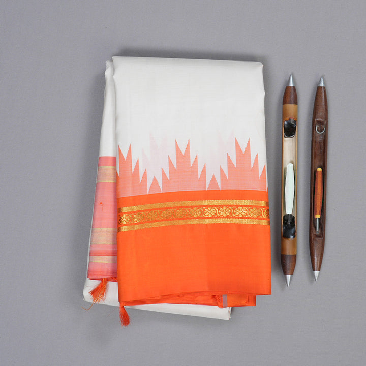 Hayagrivas White Handloom Kanjivaram Silk Saree with Orange Border KBD1812B2-2