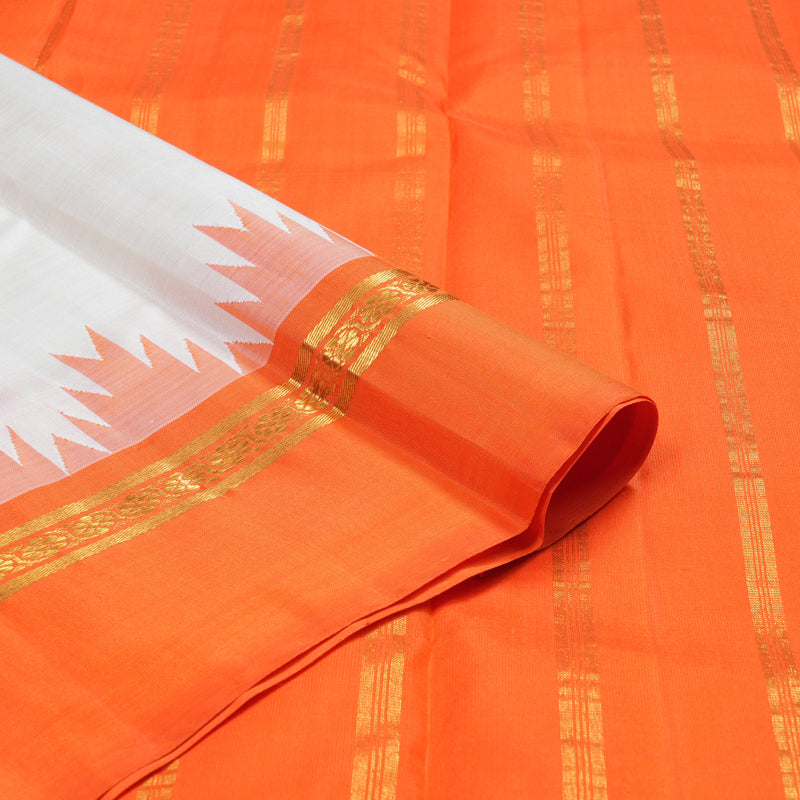 Hayagrivas White Handloom Kanjivaram Silk Saree with Orange Border KBD1812B2-2