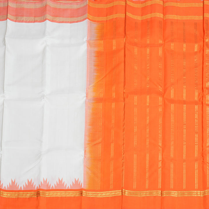 Hayagrivas White Handloom Kanjivaram Silk Saree with Orange Border KBD1812B2-2